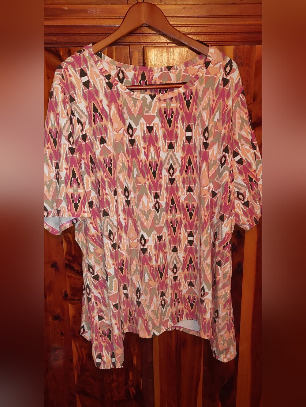 Denim & Co 3x Women’s Pink Multi-Color Printed Short Sleeve Top